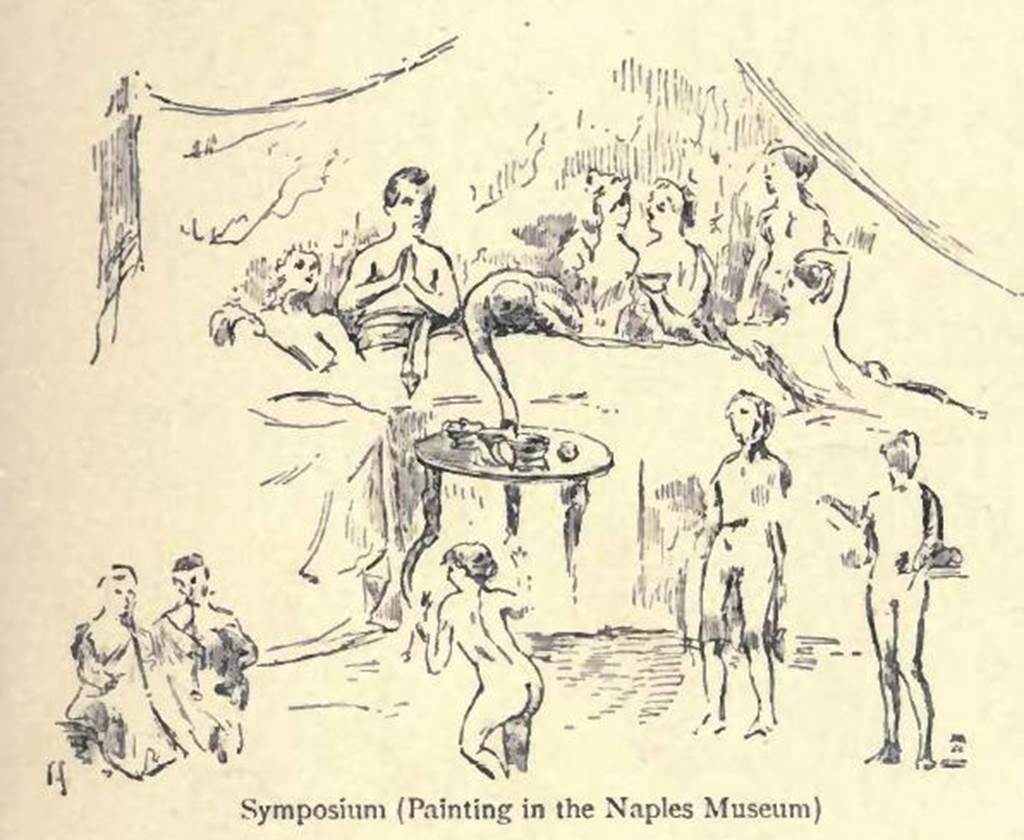 V.2.4 Pompeii. Room 15, drawing of the painting of banqueting scene from west wall of triclinium.
According to Gusman, this picture was in a very bad state of preservation.
It showed a naked woman dancing before the guests to the sound of flutes played by tibicines seated on the floor.
Wine flowed freely, and one of the guests claps his hands.
See Gusman, P. (1900). Pompei, the city, its life and art, (p.313)