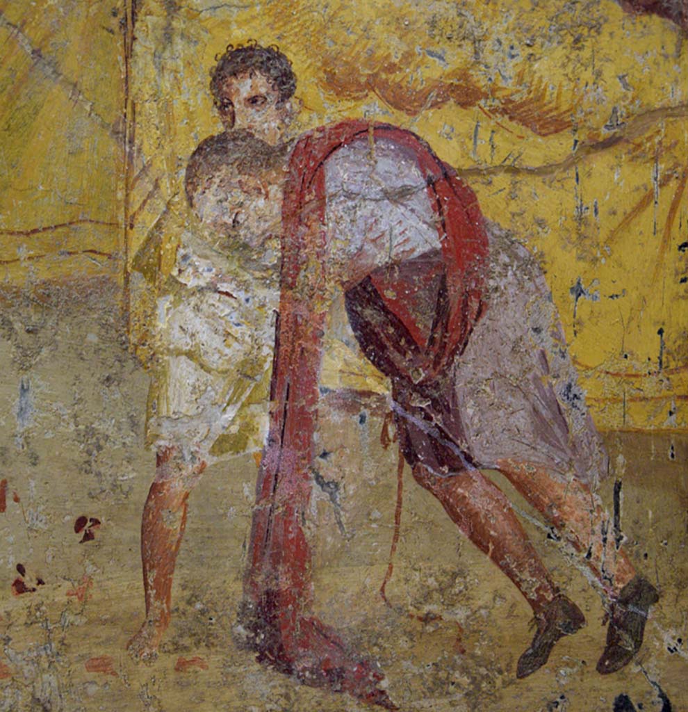 V.2.4 Pompeii. June 2017. 
Room 15, detail from painting of banqueting scene from east wall of triclinium. Photo courtesy of Johannes Eber.