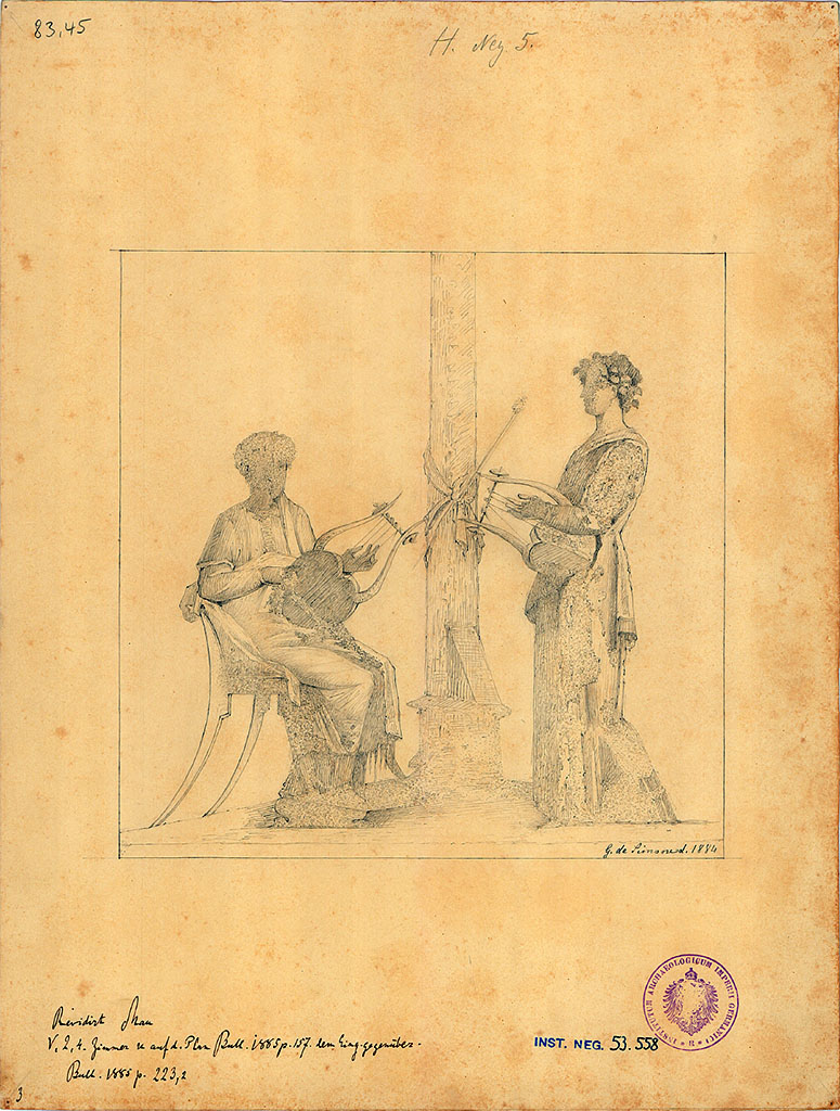 V.2.4 Pompeii. 1884. Room 17, centre of east wall. Drawing by G. de Simone of painting of Pindar and Corrina.
DAIR 83.45. Photo © Deutsches Archäologisches Institut, Abteilung Rom, Arkiv.