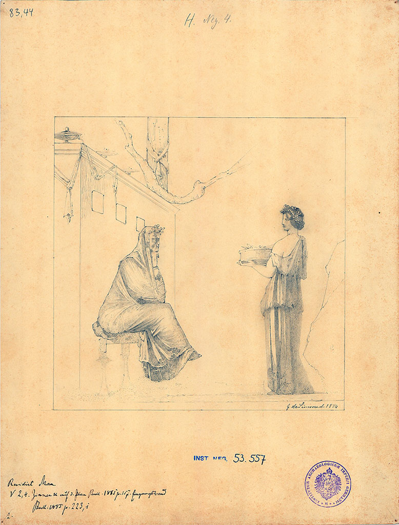 V.2.4 Pompeii. Room 17, west wall. 1884 drawing by G. de Simone of painting identified as Sappho (seated) and female figure.
See Carratelli, G. P., 1990-2003. Pompei: Pitture e Mosaici: Vol. III. Roma: Istituto della enciclopedia italiana, p. 823.
DAIR 83.44. Photo © Deutsches Archäologisches Institut, Abteilung Rom, Arkiv.