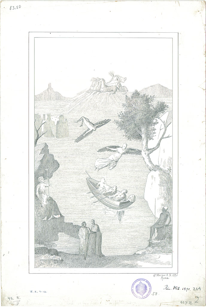 V.2.10 Pompeii. 7th October 1890. Room 9, cubiculum, north wall. 
Drawing by G. Mariani of wall painting of Daedalus and Icarus.
DAIR 83.49. Photo © Deutsches Archäologisches Institut, Abteilung Rom, Arkiv.
