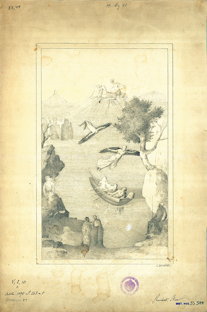 V.2.10 Pompeii. 1890. Room 9, cubiculum, north wall. 
Drawing by G. Discanno of wall painting of Daedalus and Icarus.
DAIR 83.49. Photo © Deutsches Archäologisches Institut, Abteilung Rom, Arkiv.