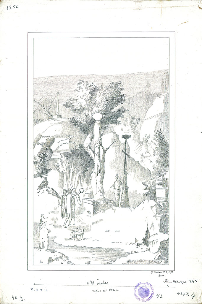 V.2.10 Pompeii. 15th October 1890. Room 9, cubiculum, south wall. 
Drawing by G. Mariani of wall painting of Diana-Isis with Hippolytus and hunters.
DAIR 83.52. Photo © Deutsches Archäologisches Institut, Abteilung Rom, Arkiv.
