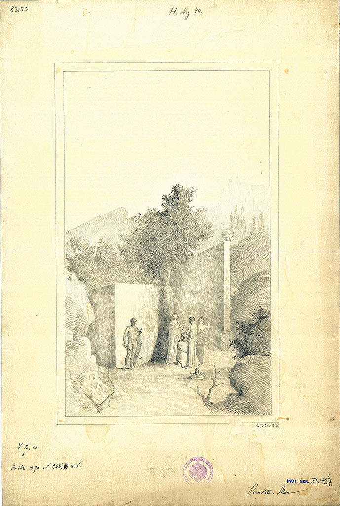 V.2.10 Pompeii. Room 9, cubiculum, entrance (west) wall. 
19th century drawing by G. Discanno of wall painting of Hercules and the Hesperides.
DAIR 83.53. Photo © Deutsches Archäologisches Institut, Abteilung Rom, Arkiv.