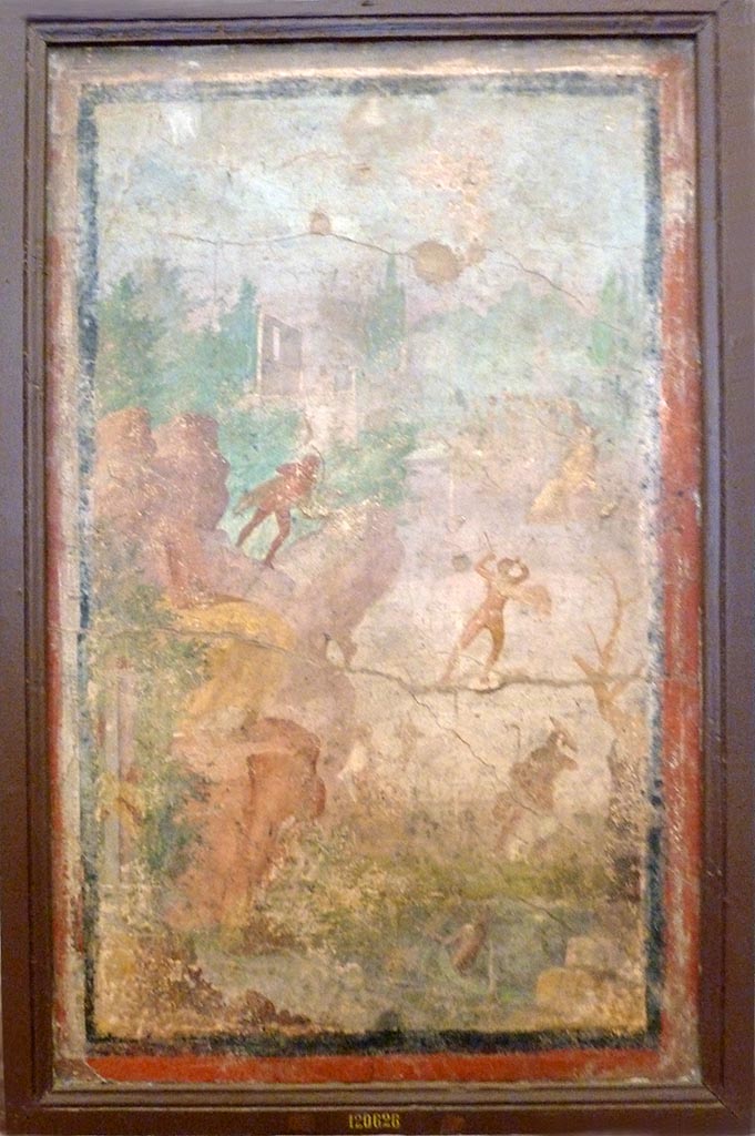 V.2.10 Pompeii. May 2010. East wall of room 9, cubiculum. 
Wall painting of Marsyas, Minerva and the Muses.
Now in Naples Archaeological Museum. Inventory number 120626.