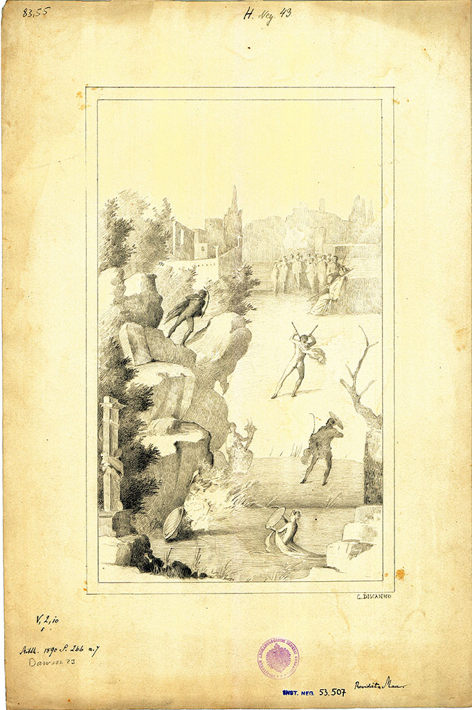 V.2.10 Pompeii. East wall of room 9, cubiculum. 
19th century wall painting by G. Discanno of Marsyas, Minerva and the Muses.
DAIR 83.55. Photo © Deutsches Archäologisches Institut, Abteilung Rom, Arkiv.