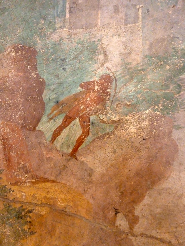 V.2.10 Pompeii. May 2010. Detail from wall painting from east wall of room 9, cubiculum. 
On the top of the rocky outcrop above Minerva’s head stands Marsyas, leaning forward listening or gazing.
Now in Naples Archaeological Museum. Inventory number 120626.
