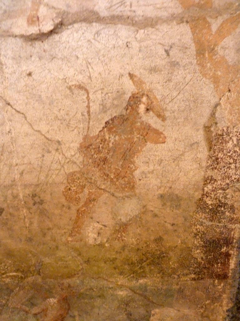 V.2.10 Pompeii. May 2010. Detail from wall painting from east wall of room 9, cubiculum.
Marsyas picks up the pipes that Minerva throws away.
Now in Naples Archaeological Museum. Inventory number 120626.