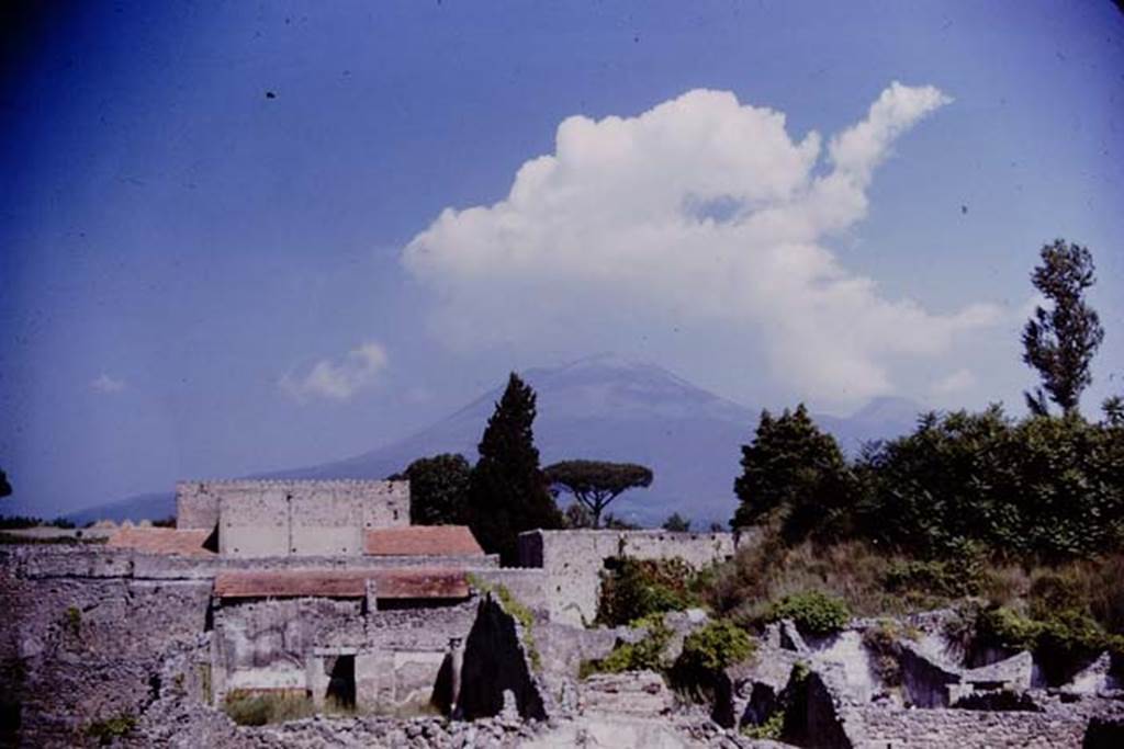 V.2.10 Pompeii, in lower left of centre.  1964.  Looking north.  V.2.15 can be seen on the right. Photo by Stanley A. Jashemski.
Source: The Wilhelmina and Stanley A. Jashemski archive in the University of Maryland Library, Special Collections (See collection page) and made available under the Creative Commons Attribution-Non Commercial License v.4. See Licence and use details.
J64f1272
