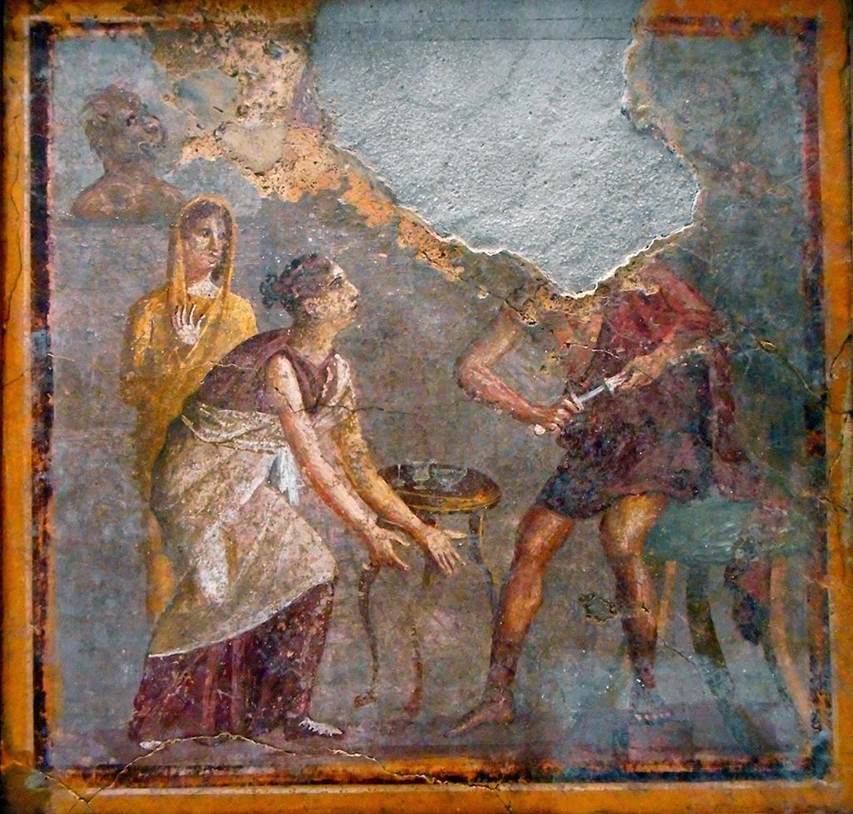 V.2.14 Pompeii. East wall of rear room. Wall painting of Ulysses drawing his sword against Circe. 
Now in Naples Archaeological Museum. Inventory number 119689.
Photo courtesy of Carlo Raso.