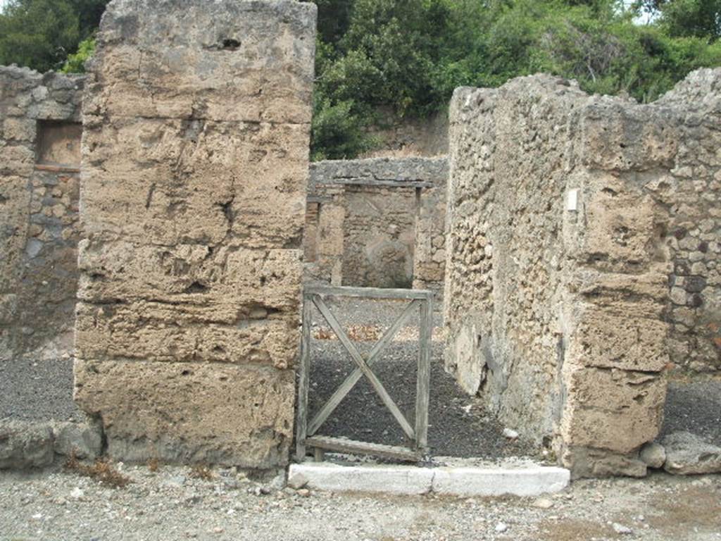 V.2.15 Pompeii. May 2005. Entrance.
According to NdS, the doorstep of the entrance corridor was travertine, and the walls were painted in yellow and purple panels.
See Notizie degli Scavi di Antichità, 1896, p. 438.