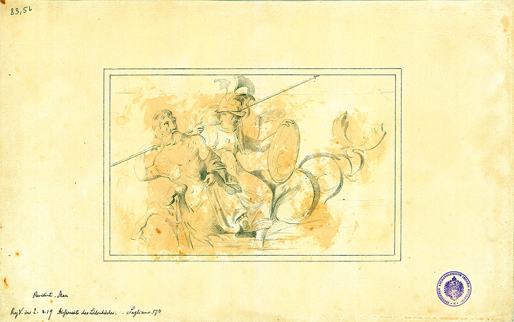 V.2.17 Pompeii. Drawing of painting from shop-counter, showing Thetis sitting on a bearded Triton, with helmet, shield and breastplate.
DAIR. 83.56. Photo © Deutsches Archäologisches Institut, Abteilung Rom, Arkiv. 
(Note: this drawing is also included in V.2.19).
On 15th November 1877, Fiorelli wrote –
“In Reg. V, 2, nella bottega no.17, si era scoperto il podio per la vendita, rivestitio d’intonaco imitante i marmi colorati ed ornati di un dipinto (0.79 x 0.51).
Vi si vede Teti che vestita di chitone roseo siede sopra un Tritone barbato, ed era armata di elmo, scudo e corazza; e mentre con la sinistra tiene lo scudo poggiato sul dorso del mostro, afferra con la dritta la lancia, che il Tritone porta sull’omero, nuotando verso sinistra e rivolgendo lo sguardo alla dea.”
Notizie degli Scavi, 1877, p.251.
(In Reg. V.2, no.17, the sales podium was discovered covered with plaster imitating coloured marble and decorated with a painting (0.79 x 0.51)
There you can see Thetis, dressed in rose-coloured robe, sitting on top of a bearded Triton, and was armed with helmet, shield and breast-armour; and while with the left hand she holds the shield resting on the back of the monster, she grabs the spear with her right hand, which the Triton carried on his shoulders, he was swimming to the left and looking back towards the goddess.")
See Notizie degli Scavi di Antichità, 1877, p.251.