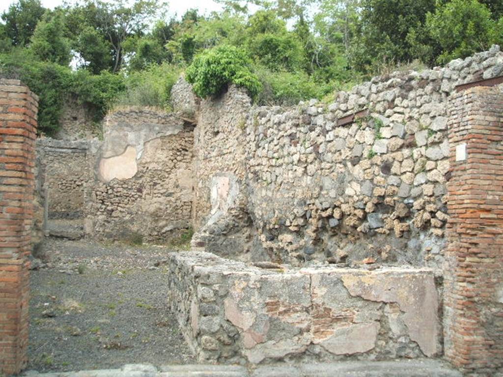 V.2.19 Pompeii. May 2005. Entrance, looking north.
Fiorelli wrote (on 15th November 1877) that the painting of Thetis was found on the podium in V.2.17. 
See Notizie degli Scavi di Antichità, 1877, p.251.
According to Sogliano, found on the front of the plastered podium of V.2.19 was a painting (0.51 high, 0.79 wide) of Thetis with the armour of Achilles.
See Sogliano, A., 1879. Le pitture murali campane scoverte negli anni 1867-79. Napoli: Giannini. (p.113, no.578).
In NdS, 1896, was written –
No.17 –    La bottega “a” ha annessa la retrobottega “b” e l’apotheca “c”.
No.18-19. Il termopolio “a” contiene il banco della vendita, decorato nel lato anteriore, del dipinto di Tetide con le armi di Achille (Sogliano, Pitt.mur, 578).
Nella dietrobottega “b” vedesi sulla parete est il passaggio gia descritto in Notizie 1891, p.271.
Da questa dietrobottega si passa nella piccola abitazione annessa con posticum no.20, sulla vicolo orientale.
See Notizie degli Scavi di Antichità, 1896, p. 440.