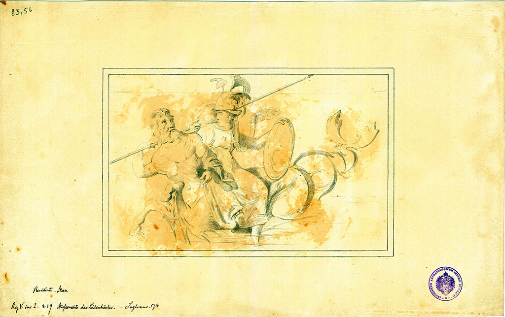 V.2.19 Pompeii. Entrance, looking north. 19th century drawing of the painting of Thetis, on a triton, with the armour of Achilles.
According to Sogliano, found on the front of the plastered podium was a painting (0.51 high, 0.79 wide).
See Sogliano, A., 1879. Le pitture murali campane scoverte negli anni 1867-79. Napoli: Giannini. (p.113, no.578)
DAIR 83.56. Photo © Deutsches Archäologisches Institut, Abteilung Rom, Arkiv.