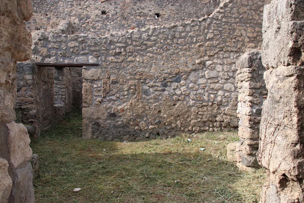 V.2.20 Pompeii. October 2022. 
Looking north across light-yard towards doorway to triclinium with window overlooking garden. Photo courtesy of Klaus Heese.