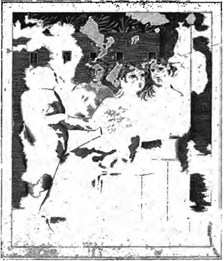 V.2.21 Pompeii. Painting of Silenus and 3 Bacchantes.
According to Mau, 
“Of house no.21, I will speak more when it has been completely excavated. 
For now, I will limit myself to reproduce a painting existing on the left wall of a room almost facing the street door (but more to the left).
It showed a bacchic scene (a Silenus and 3 Bacchantes) taking place in an area closed by a wall interrupted by windows and above which were some trees.”.
(Un Quadro esistente sulla parete sinistra di un vano quasi dirimpetto alla porta di strada (piu a sinistra).
Era rappresentata una scena bacchica (un Sileno e tre Baccanti) che si svolge in un luogo chiuso da un muro interrotto da finestrine (delle quali veramente non si vede lo scopo) e al disopra del quale compariscono degli alberi.)
See Bullettino dell’Instituto di Corrispondenza Archeologica (DAIR), 1894, p.60.