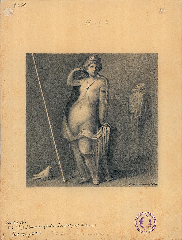 V.2.d Pompeii. East wall of triclinium “m”. Drawing by G. De Simone in 1884.
Painting, now lost, of Venus/Aphrodite with Herm of Priapus on her right. 
DAIR 83.58. Photo © Deutsches Archäologisches Institut, Abteilung Rom, Arkiv.