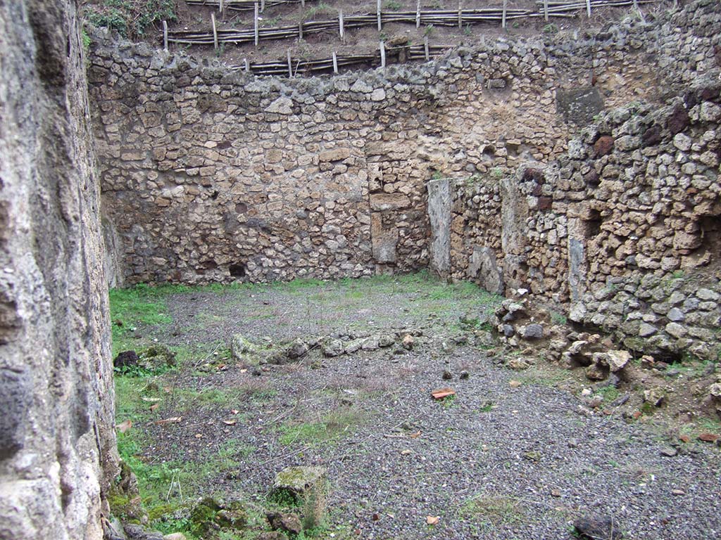 V.2.f, Pompeii. December 2005. Looking north from atrium, across site of two rooms, on left, and a corridor, on right. 
According to NdS, on the north side of the atrium was a room, perhaps the triclinium, flanked by a narrow corridor.
The corridor led to another room on the north side of the triclinium, which was linked to it by a doorway.
Both the rooms were lit by windows overlooking the vicolo.