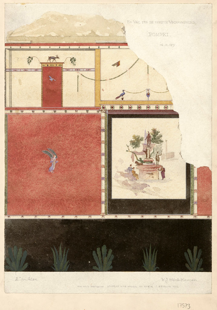 V.2.g Pompeii. 26th November 1891. Watercolour copy of painting of a sacred landscape, from the east wall of room ‘k’, on the east side of the atrium.
Painting by Volmer Johannes Mørk-Hansen.
At the top is a note “A wall from the latest excavations. Pompeii. 26.11.1891”
At the bottom is a note “Was recently excavated. Crashed during a storm in February 1892” and the signature V. J. Mørk-Hansen.
Now in Danmarks Kunstbibliotek, Copenhagen. Inventory number 17573.