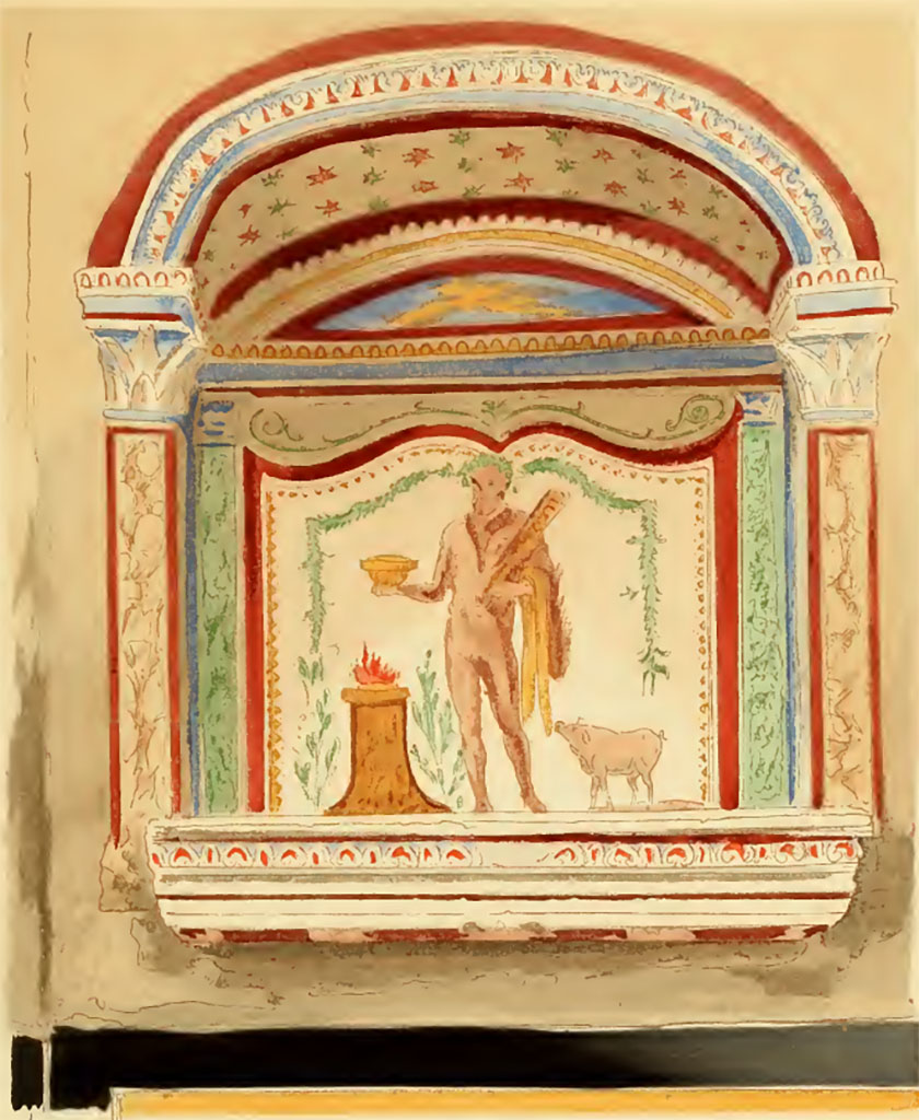 V.2.h Pompeii. Undated painting by Pierre Gusman. Lararium niche painting in north wall of area ‘k’.  
(XXVII. 1° Laraire consacré à Hercule, partie annexe de la maison des Noces d'argent (Région V, 2). Quatrième style.)
See Gusman P., 1924. La Décoration Murale de Pompei. Paris : Morancé, pl. XXVII,1.