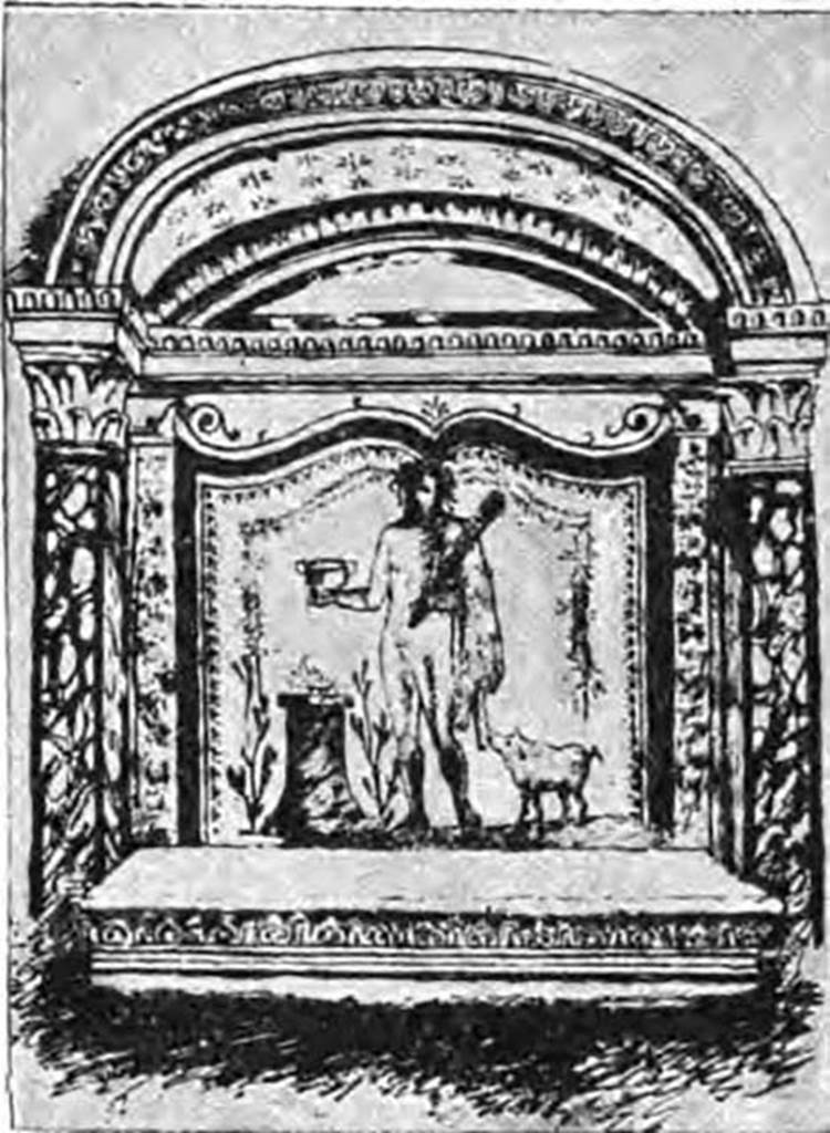 V.2.h Pompeii. 1893 drawing of lararium niche and painting. 
According to Mau, the stucco relief above, below and at the sides was completely preserved. 
See Mau in Bullettino dell’Imperiale Istituto Archeologico Germanico, Rom, VIII, 1893, p. 26.