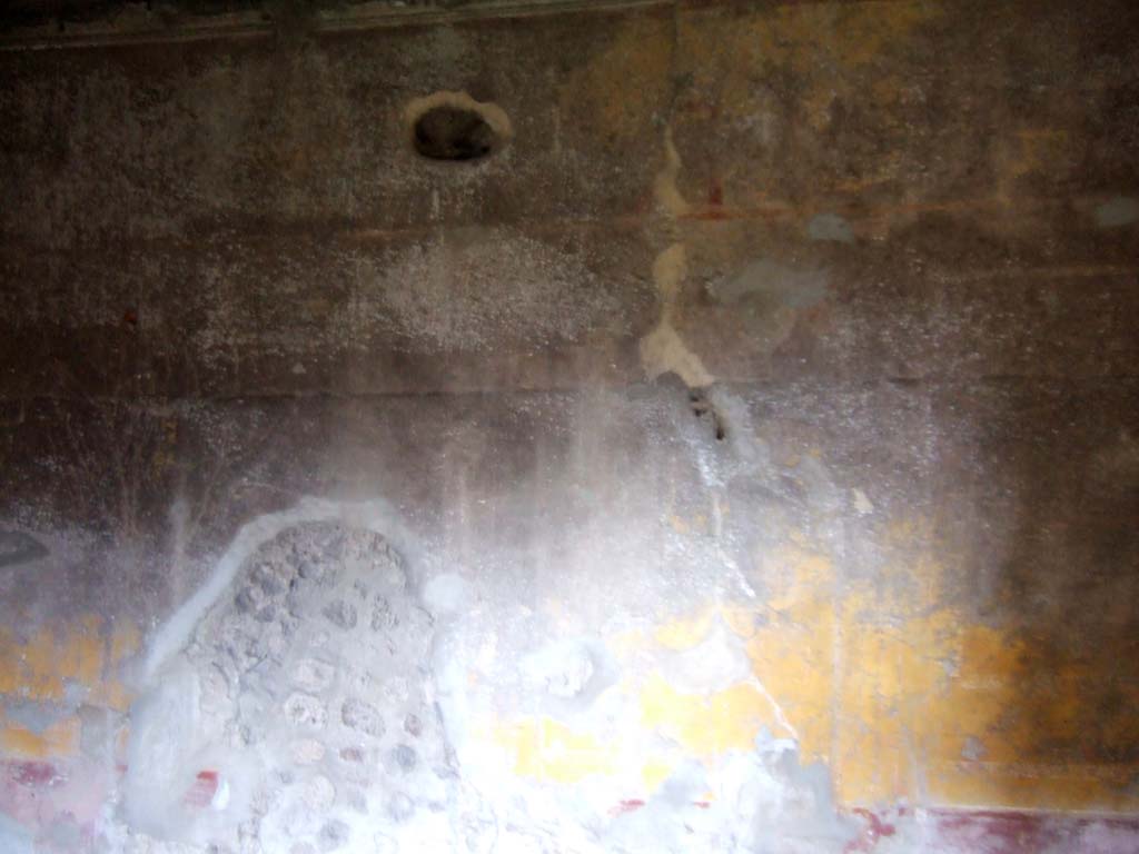 V.2.h Pompeii. December 2005.  Room ‘L’, east wall with decoration on a yellow background.
The triclinium had a floor of signinum, and the walls were decorated with panelled yellow backgrounds separated by narrow compartments with garlands. 
The zoccolo/dado was of red/purple with painted plants.
It received light from two windows, one in the west wall overlooking the garden, and the other in the south wall looking into room ‘m’.
In the west wall, near to the entrance doorway, was a rectangular niche (height 0.78m width 0.49m). This would have been faced internally with wood on the sides, and at the back it was plastered with the same yellow as the walls.
At the foot of the east wall were two large blocks of limestone, remains of ancient construction.
See Notizie degli Scavi di Antichità, 1896, (p.423) where the triclinium is room ‘g’.
See Mau in Bullettino dell’Instituto di Corrispondenza Archeologica (DAIR), VIII, 1893, (p.14-27)