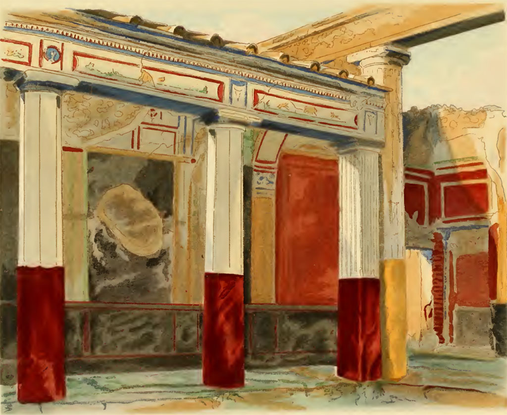 V.2.i Pompeii. Undated painting by Pierre Gusman. Room 23, looking towards west side and north-west corner.
(II. Péristyle rhodien de la maison dite des Noces d'argent (Région V, 2). Le péristyle rhodien est caractérisé par trois côtés de même hauteur, le quatrième étant plus élevé.
See Gusman P., 1924. La Décoration Murale de Pompei. Paris : Morancé, pl. II.)