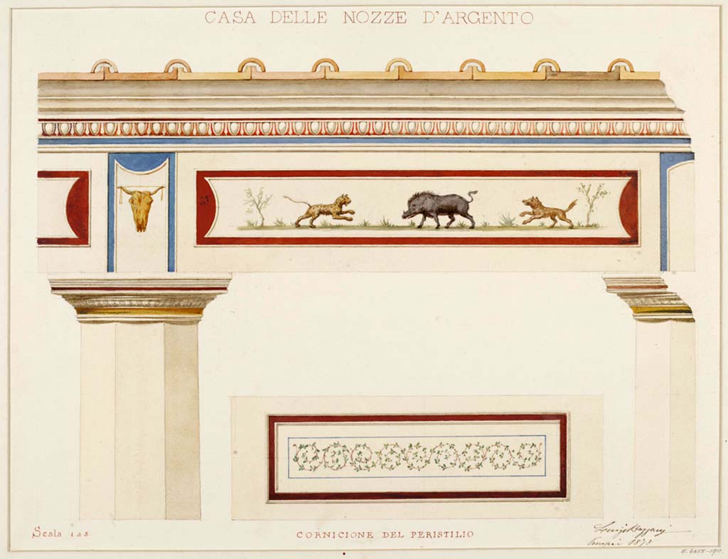 V.2.i Pompeii. 1898. Room 23, peristyle. 
Watercolour by Luigi Bazzani, showing portions of the cornice and frieze and two columns of the peristyle.
Photo © Victoria and Albert Museum, inventory number E.6258-1910.