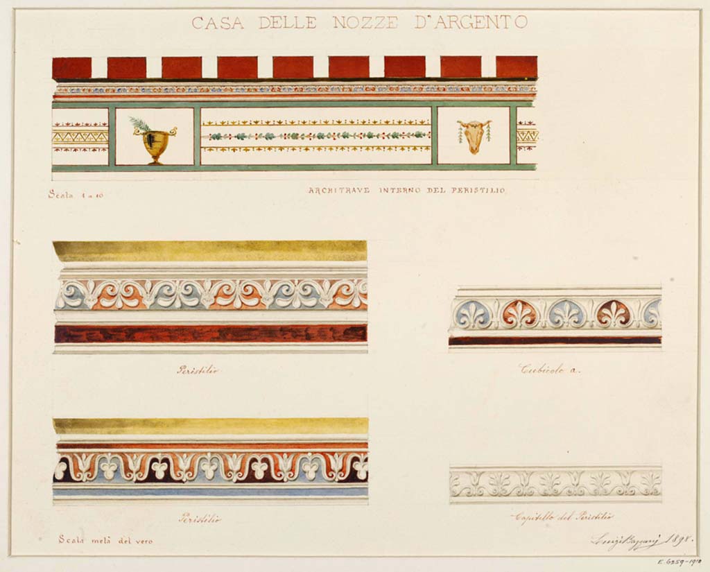 V.2.i Pompeii. 1898. Room 23, peristyle. Watercolour by Luigi Bazzani, showing painted decoration from the peristyle, top and on left.
On the right are decorations from cubiculum “a”.
Photo © Victoria and Albert Museum, inventory number E.6259-1910.