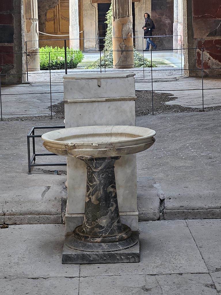 V.2.i Pompeii. November 2024.
Room 1, south end of impluvium in atrium, detail of basin on a stand. Photo courtesy of Annette Haug.