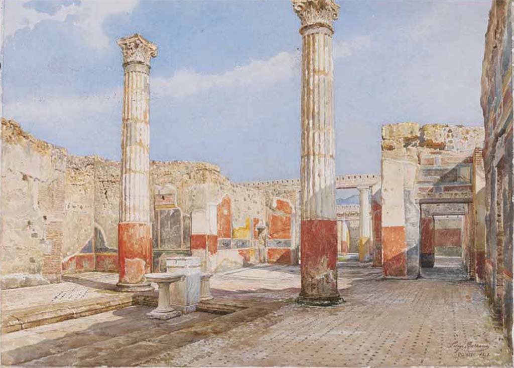 V.2.i Pompeii. 1895. Watercolour by Luigi Bazzani. Room 1, atrium.
Looking south-east across impluvium in atrium towards tablinum, from west side.
Photo © Victoria and Albert Museum, inventory number E6281-1910 (ex.669-1899).