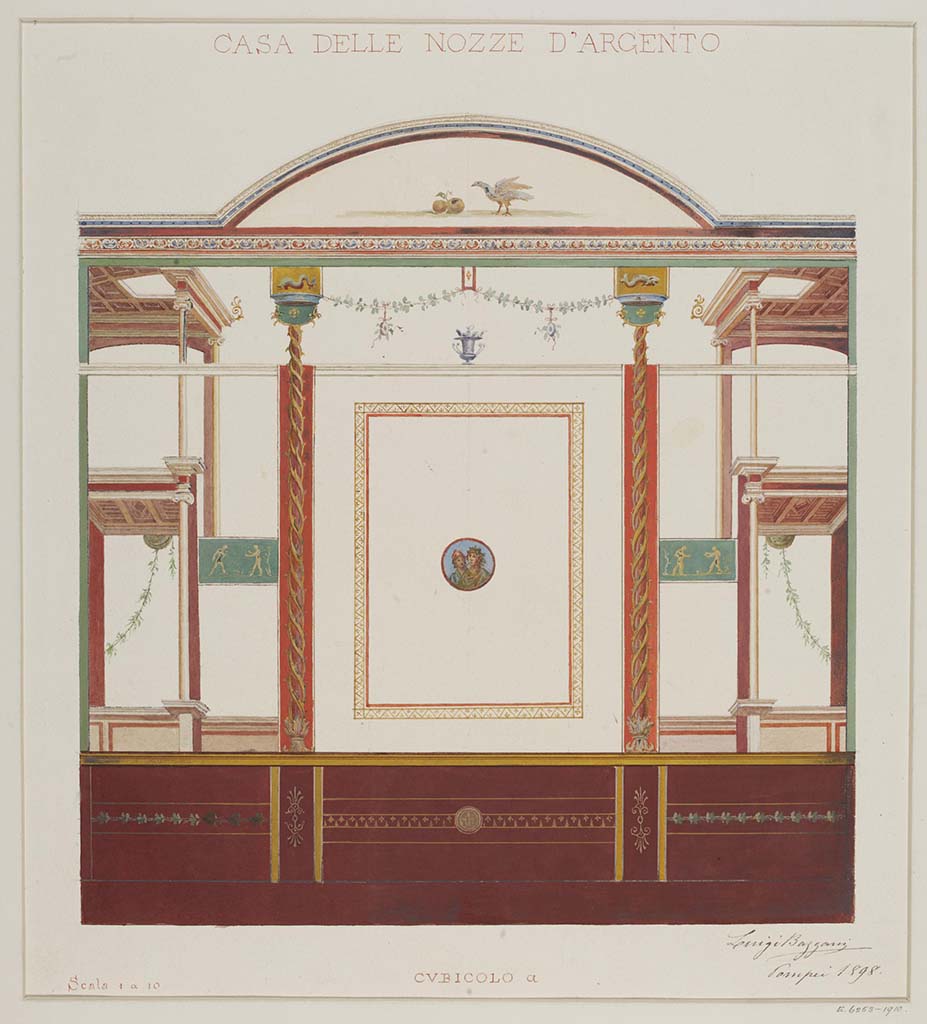 V.2.i Pompeii. 1898. Watercolour by Luigi Bazzani, showing painted wall decoration, (described as cubiculum “a”).
Photo © Victoria and Albert Museum, inventory number E.6253-1910.