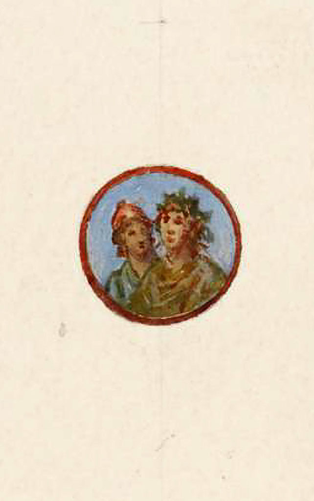 V.2.i Pompeii. 1898. Room 4, painted portrait medallion roundel from north wall showing two figures.
Detail from watercolour by Luigi Bazzani, showing painted wall decoration, (described as cubiculum “a”).
Photo © Victoria and Albert Museum, inventory number E.6253-1910.