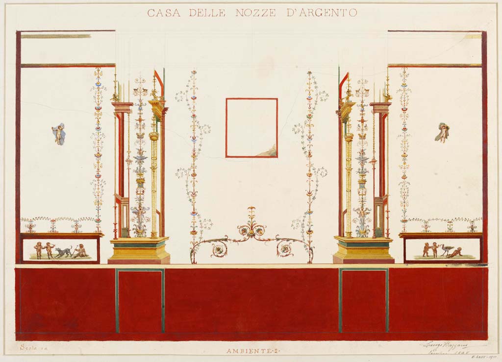 V.2.i Pompeii. 1898. Watercolour by Luigi Bazzani, showing west wall of (our) Room 9, described as “Ambiente 2” on photo.
Photo © Victoria and Albert Museum, inventory number E.6255-1910.
(Note: in our photo of the south end of west wall, there is no central dog and the two figures on the left seem to have helmets and shields).