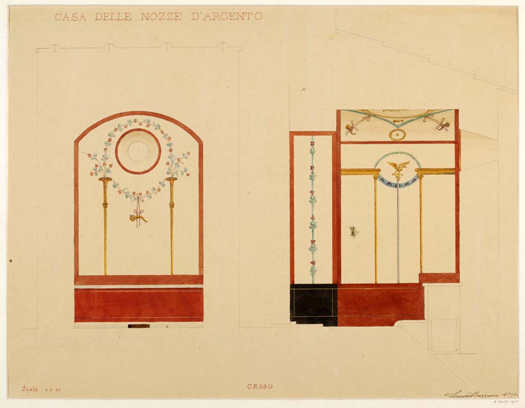 V.2.i Pompeii. Room 13, watercolour by Luigi Bazzani showing painted walls of latrine.
Photo © Victoria and Albert Museum, inventory number E.6257-1910.