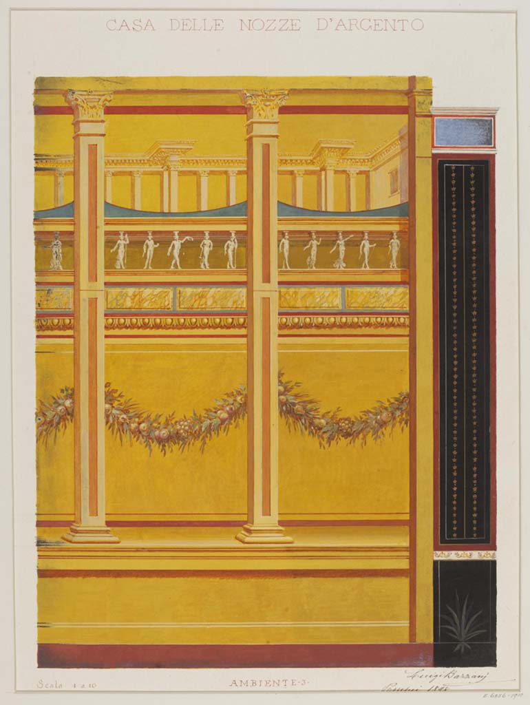 V.2.i Pompeii. 1898. Room 19, west wall of exedra, (described as Ambiente 3, on photo).
Watercolour by Luigi Bazzani, showing painted decorations.
Photo © Victoria and Albert Museum, inventory number E.6256-1910 (677-1899).