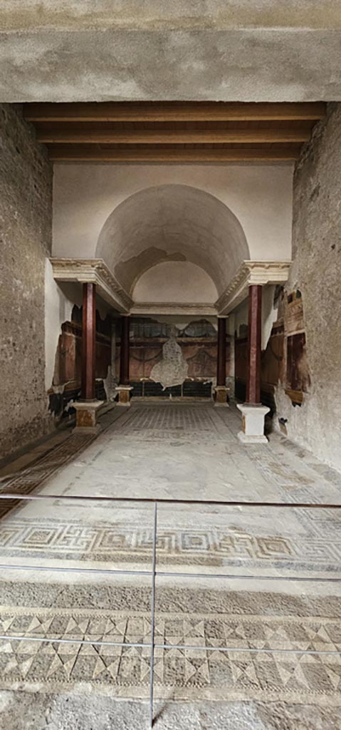 V.2.i Pompeii. December 2023. 
Oecus 21, looking east across mosaic flooring. Photo courtesy of Miriam Colomer.