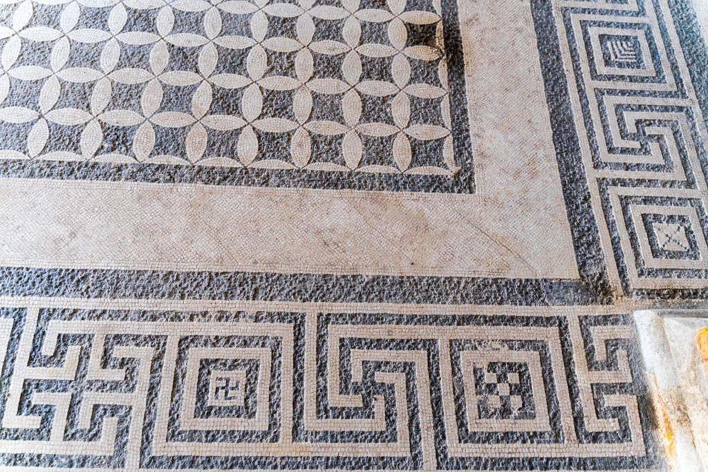 V.2.i Pompeii. March 2023. Room 21, Corinthian oecus, detail of mosaic flooring. Photo courtesy of Johannes Eber.