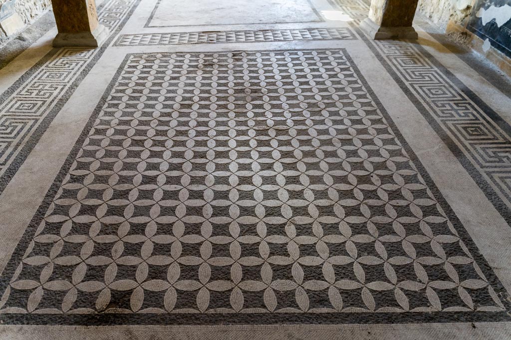 V.2.i Pompeii. March 2023. Room 21, Corinthian oecus, looking west across mosaic flooring. Photo courtesy of Johannes Eber.