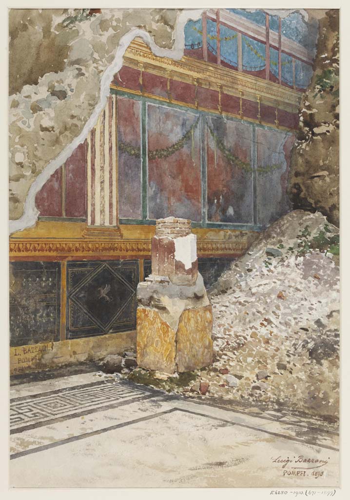 V.2.i Pompeii, 1895. Watercolour by Luigi Bazzani, shortly after excavation.
Room 21, north wall in Corinthian oecus with remains of one of the four columns holding the vaulted ceiling.
Photo © Victoria and Albert Museum, inv. E6250-1910 (ex.671-1899).