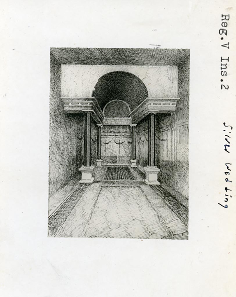 V.2.i Pompeii. Pre-1937-39. Room 21, drawing, looking east across Corinthian oecus.
Photo courtesy of American Academy in Rome, Photographic Archive. Warsher collection no. 504.