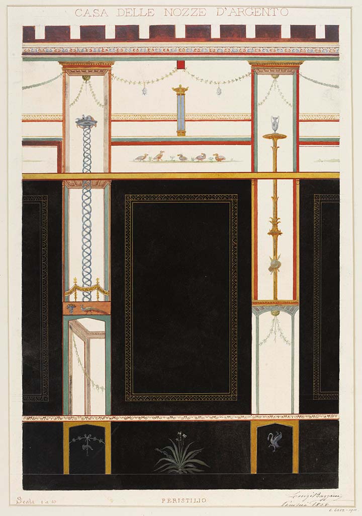 V.2.i Pompeii. 1898. Room 23, peristyle, watercolour by Luigi Bazzani of black painted panels from walls of peristyle.
Photo © Victoria and Albert Museum, inventory number E.6252-1910.