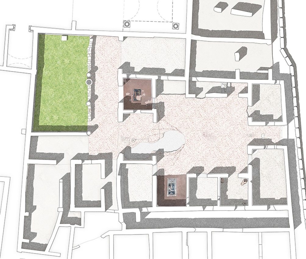 V.2.Pompeii. Casa di Orione. October 2019. Plan showing house with mosaics and gromatic representations in the tablinum A7 and fauces A4.
The rooms in the lower left-hand corner, excavated in the 19th century, were previously believed to be part of V.2.15 the Casa di Giove.
See Osanna M., Magli G., Ferro L. October 2019. Gromatics illustrations from newly discovered pavements in Pompeii. Cornell University, fig. 2. https://arxiv.org/abs/1910.13145v1