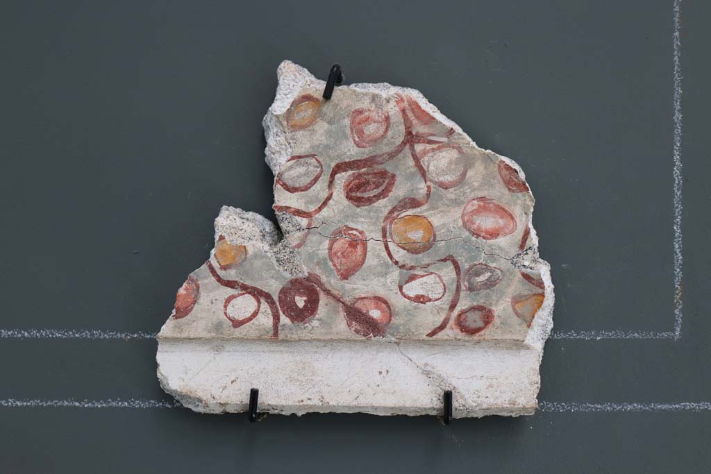 V.2.Pompeii. Casa di Orione. February 2021. 
Detail of fragment of painted stucco decoration imitating marble slabs from the entrance corridor/fauces.
Photo courtesy of Fabien Bièvre-Perrin (CC BY-NC-SA).
V.2.Pompeii. Casa di Orione. February 2021. 
Detail of fragment of painted stucco decoration imitating marble slabs from the entrance corridor/fauces, on display in Antiquarium.
Photo courtesy of Fabien Bièvre-Perrin (CC BY-NC-SA).