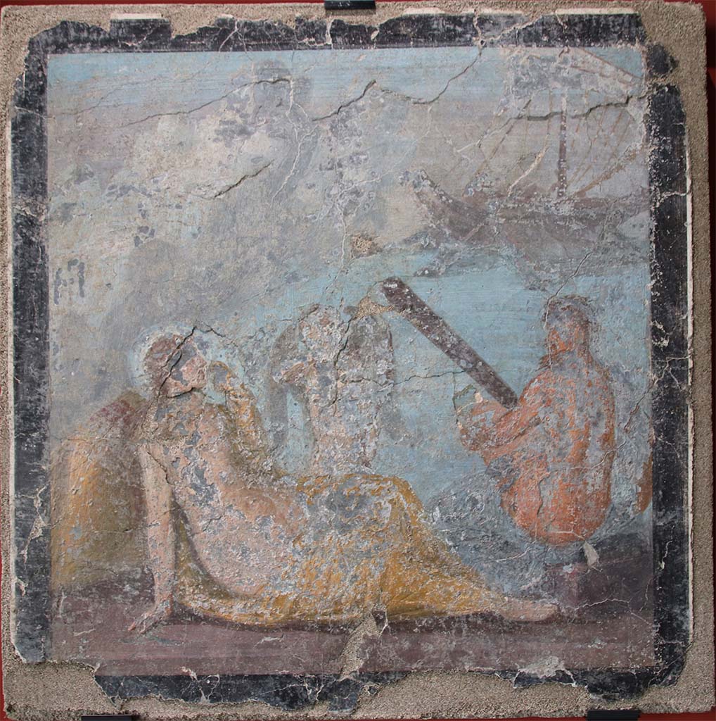 V.3.4 Pompeii, October 2022. Triclinium, west wall, painting of Ariadne abandoned on Naxos by Theseus.
On display in exhibition in Palaestra. Photo courtesy of Klaus Heese. 
PAP inventory number 20553.
See Guzzo, P. G. (a cura di), 1997. Pompeii Picta Fragmenta. Torino: Umberto Allemandi, no. 70, p. 120.