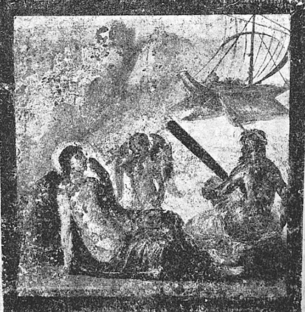 V.3.4 Pompeii, 1905. Triclinium, west wall. Painting of Ariadne abandoned on Naxos.
Ariadne has her right hand on the earth and her left hand to her face.
A bearded bronzed man is holding an oar. A winged cupid is weeping.
The ship of Theseus is sailing away in the background.
See Notizie degli Scavi di Antichità, 1905, (p212, fig. 4).