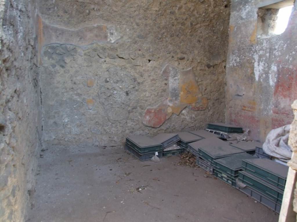 V.3.4 Pompeii. March 2009. Rear room on east side of tablinum, south-east corner. According to Sogliano, this room also had an opus signinum floor leading from the front room. Each wall was covered in painted plaster showing three large panels, the centre being red and the sides were yellow. The painting in the centre of the red panels varied.
In the north and south walls there was a rectangular panel showing on the north a bird, but nearly unrecognisable, but probably a game bird, on the south wall a game bird pecking at cherries on the floor. On the east wall, in the centre panel, two doves, also shown on the facing wall. The top of the wall, with a white background, was decorated with numerous green branches, and birds of various species. On the east wall, an owl was seen.
The base of the wall was divided into red panels with plants, by yellow pilasters. This room also had a barrel-vaulted roof. See Notizie degli Scavi di Antichità, 1905, (p.209)