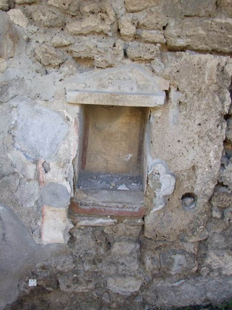 V.3.7 Pompeii. March 2009. Garden area. Second small niche on west wall, north of aedicula lararium. The niche had a projecting slab for the ceiling and another for the floor. A second floor within the niche covered the slab giving the appearance of a raised step within the niche. The floor was painted in imitation of red and yellow marble. The wall below the niche was covered with a painted garden decoration. See Boyce G. K., 1937. Corpus of the Lararia of Pompeii. Rome: MAAR 14.  (112, p. 38, Pl 36, 2).