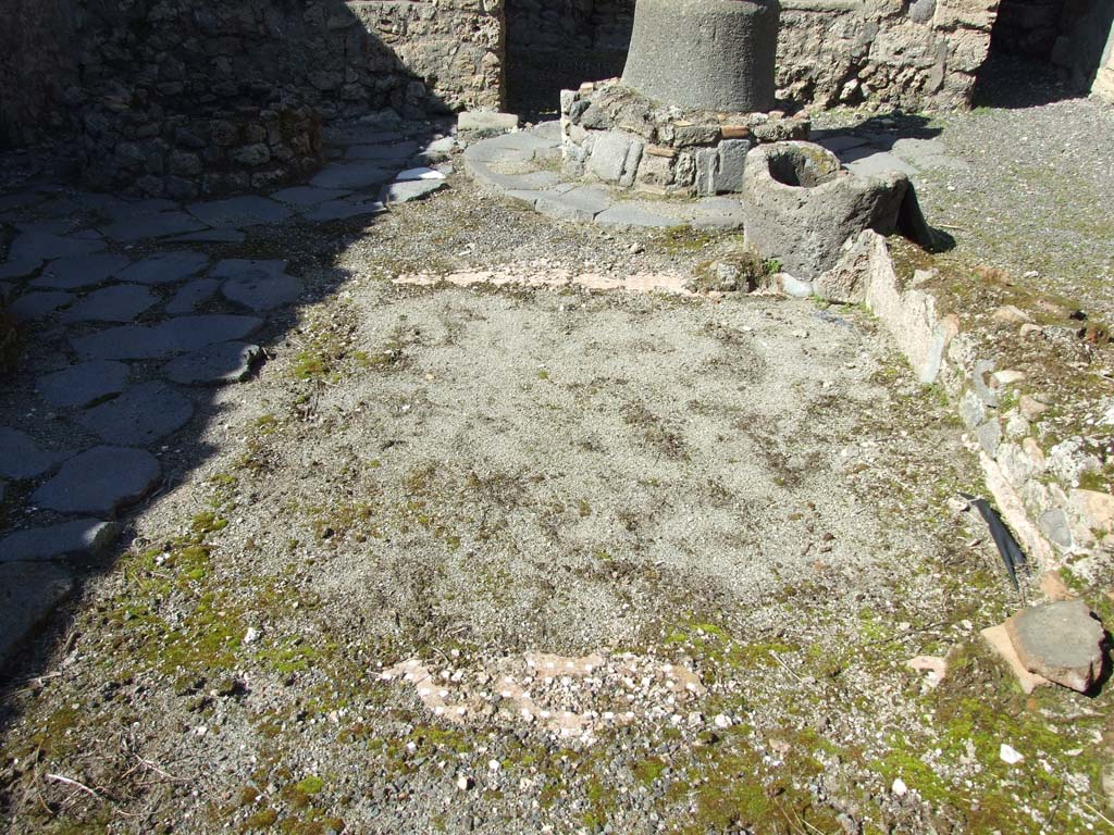 V.3.8 Pompeii. March 2009. Impluvium with red edges set with small white tesserae. This had been divided into two parts.
See Eschebach, L., 1993. Gebäudeverzeichnis und Stadtplan der antiken Stadt Pompeji. Köln: Böhlau. (p138).
See Warscher, T., 1925. Pompeji: Ein Führer durch die Ruinen. Berlin und Leipzig: de Gruyter. (p118).