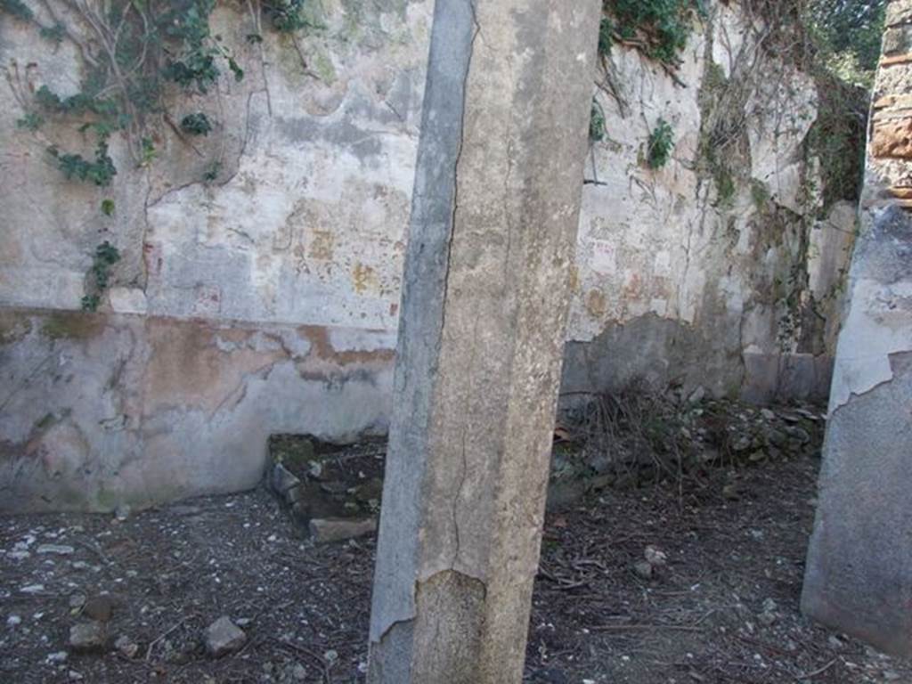 V.3.10 Pompeii.  March 2009.  Looking north west from passageway, through open end of small room with niche at rear of the tablinum.  The eight sided column supported the Portico, and originally was painted red.
The west wall of the Garden was painted in a checkerboard style in white, red, yellow and blue.   See Jashemski, W. F., 1993. The Gardens of Pompeii, Volume II: Appendices. New York: Caratzas, p 114.